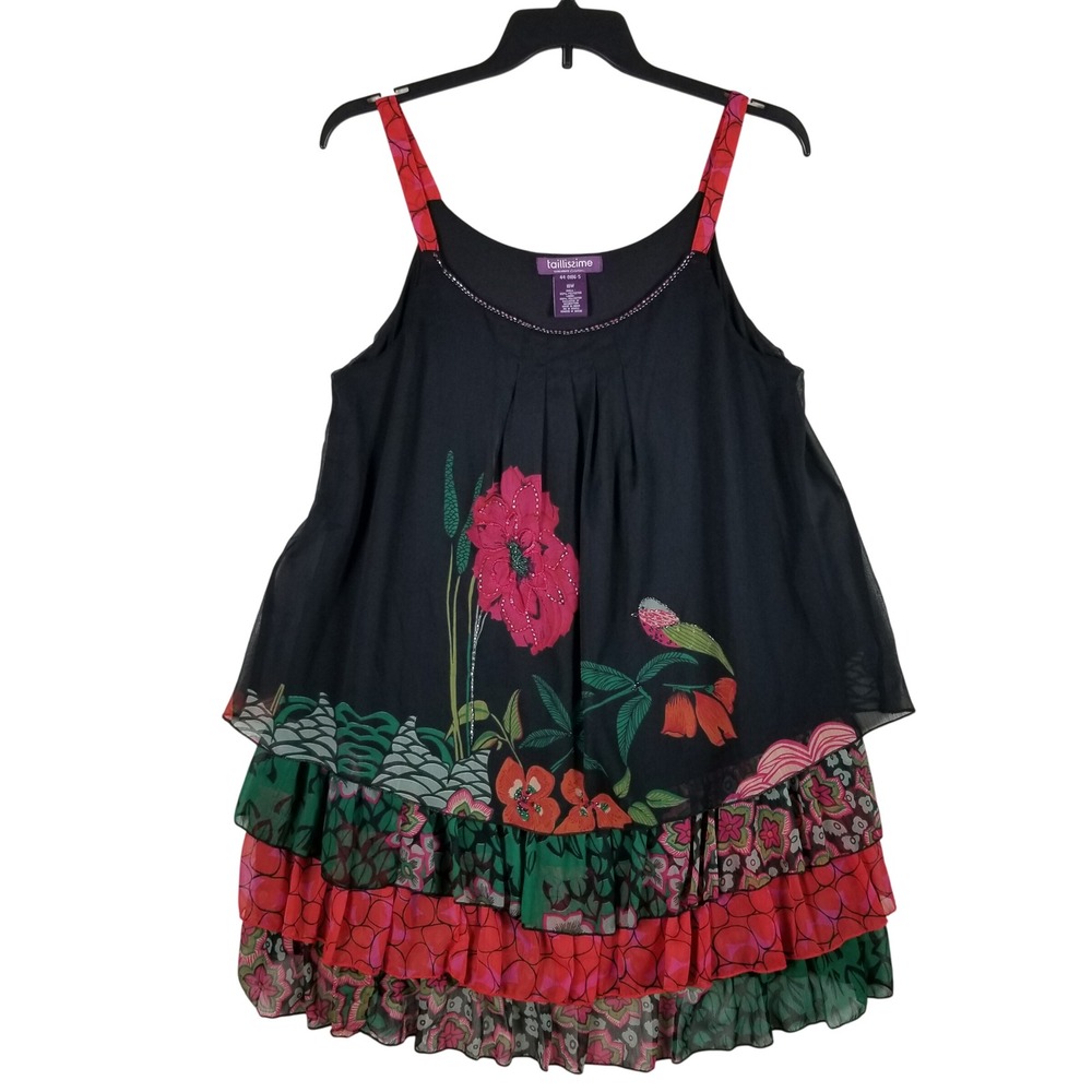Taillissime Sleeveless Top Women 18W Black Floral Tiered Ruffle Chiffon Boho